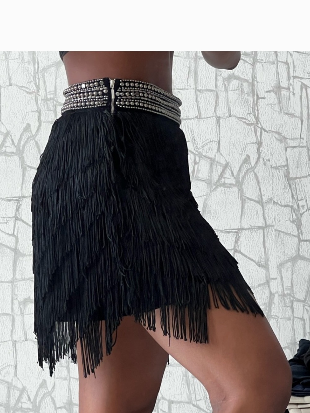 Zara Black Fringe Mini Skirt with Beaded Waistband